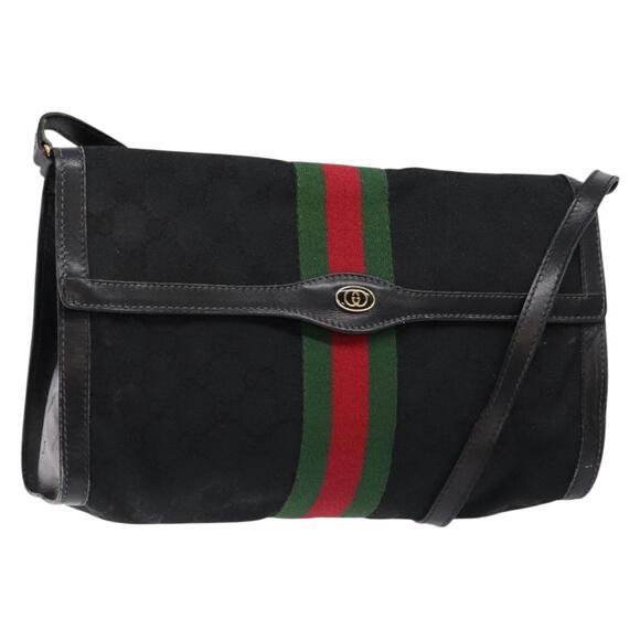 GUCCI Web Sherry Line GG Canvas Shoulder Bag Black Gold 37 04 37 04 - Picture 1 of 16